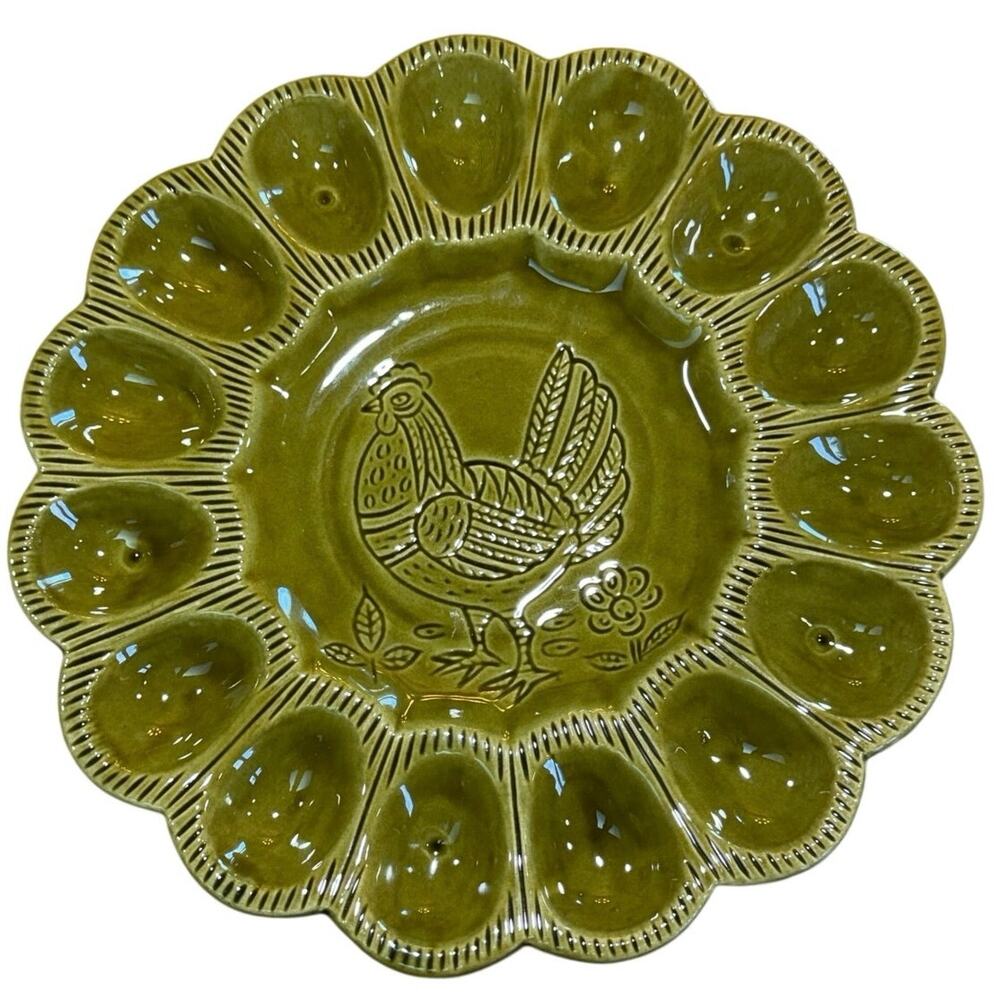 Vintage CALIF USA S 29 Deviled Egg Platter Avocado Green Chicken Folk Art - Picture 2 of 11